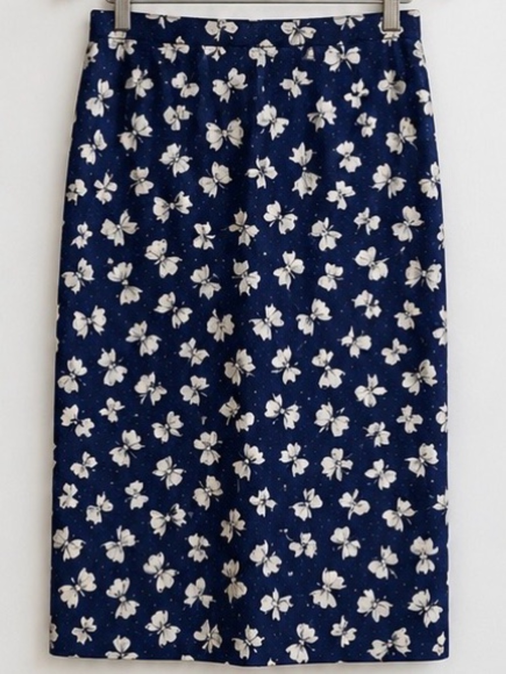 Vintage Maggy London 100% Silk Bow Print Pencil Midi Skirt Blue Cream Size 10